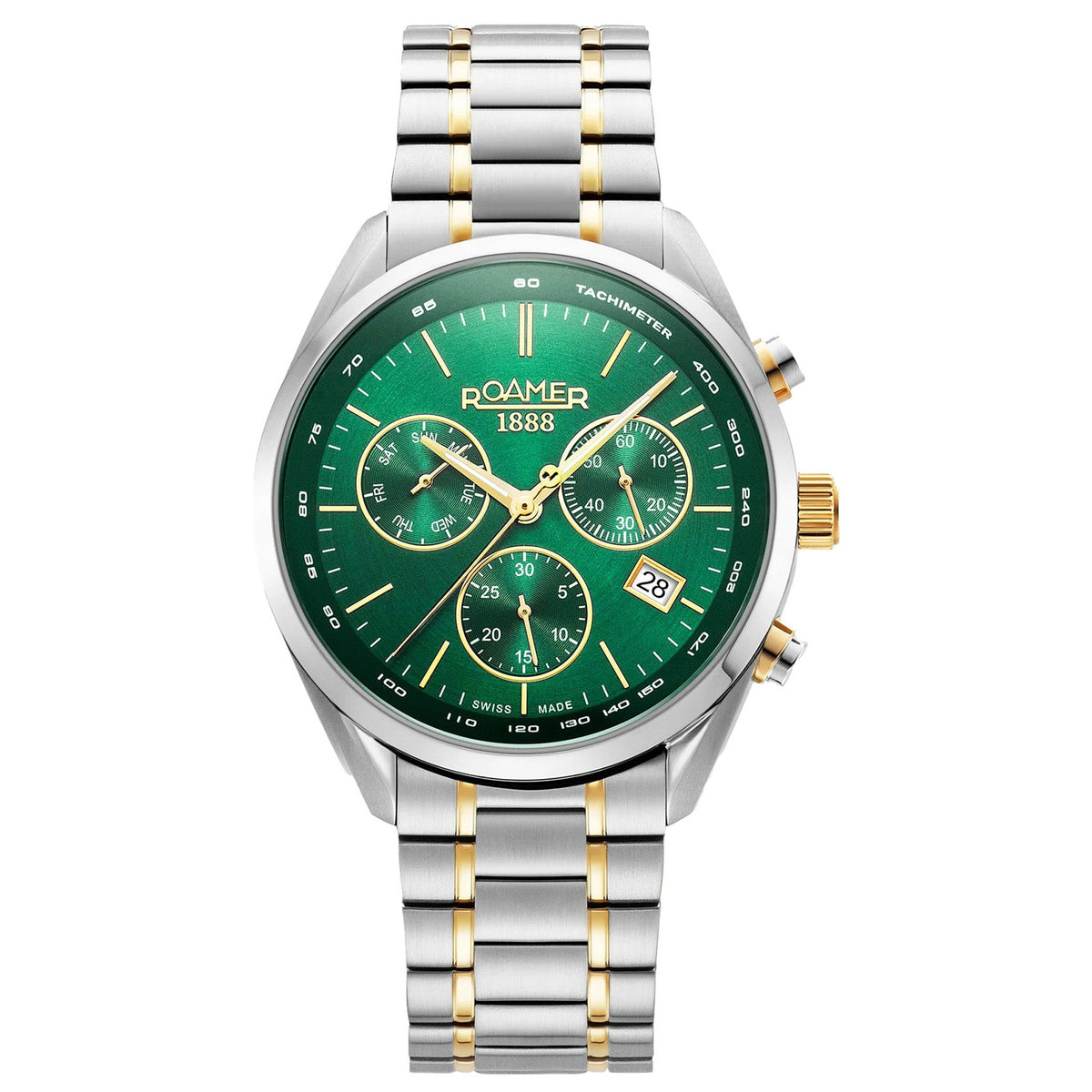 Roamer Pro Chrono 43.5mm Green Dial Two Tone Stainless Steel Strap Watch