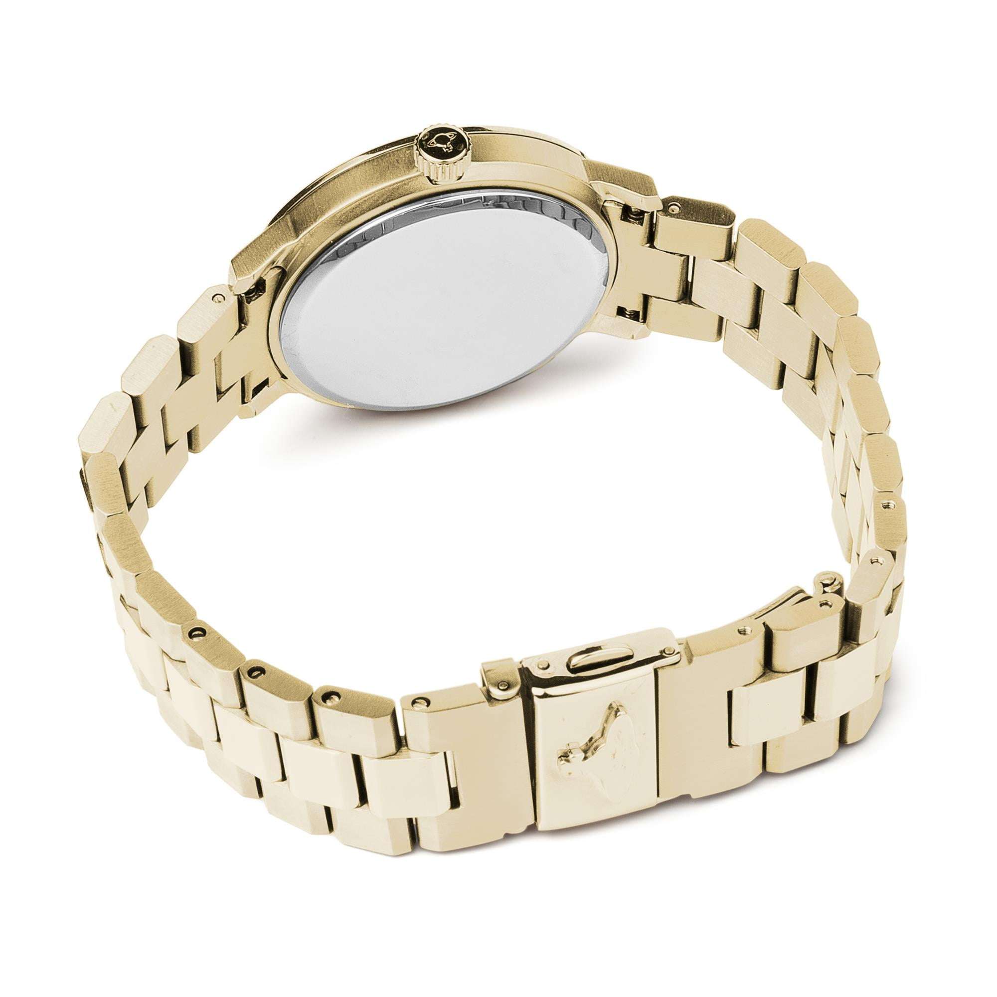 Vivienne Westwood Bloomsbury women's watch with a gold dial and gold stainless steel bracelet. Close-up detail view.