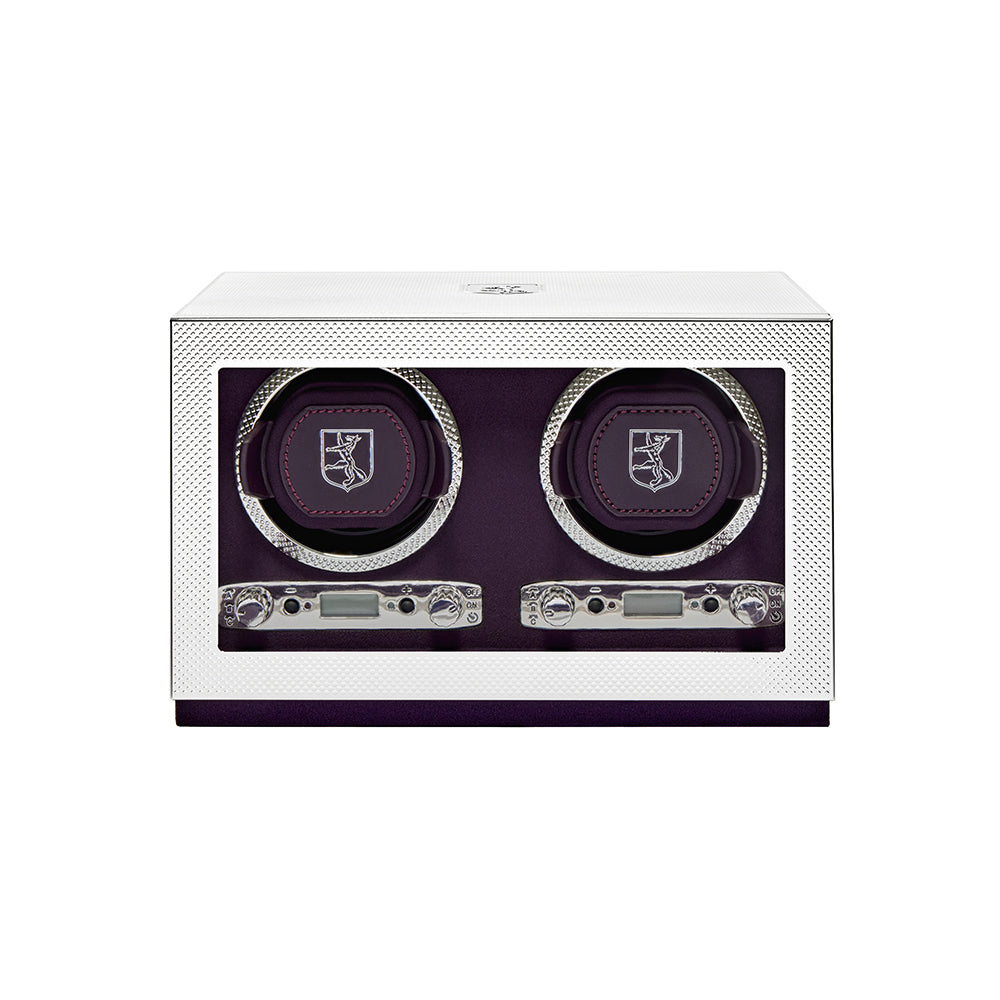 Wolf Silver Programmable Double Watch Winder 190004 with 999 silver finish, engine-turned texture, purple interior.