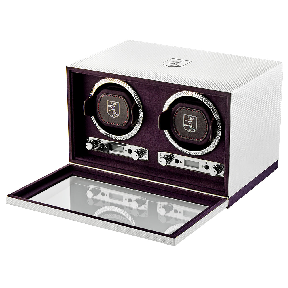 Wolf Silver Programmable Double Watch Winder 190004 in 999 silver with engine-turned pattern and purple interior.