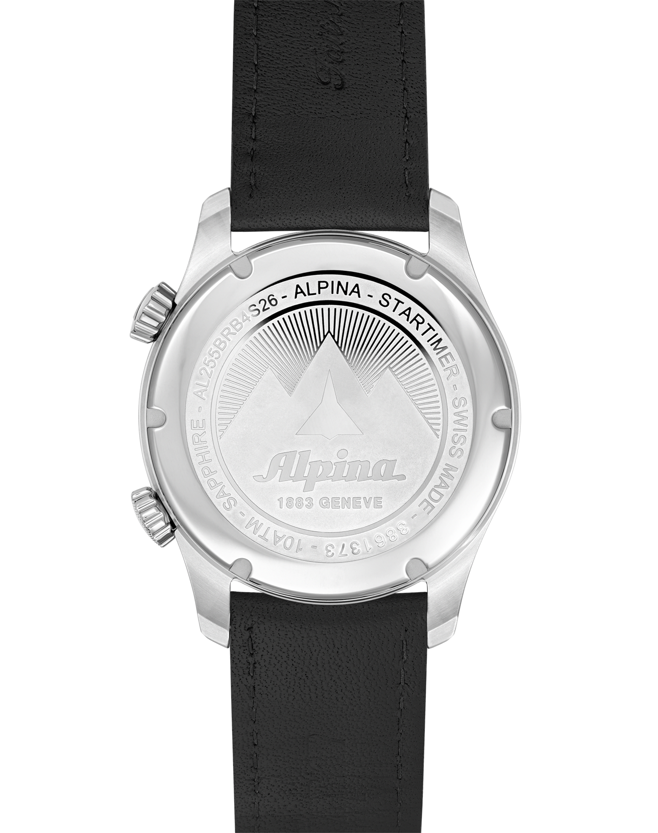 Back of a silver wristwatch with a black leather strap.