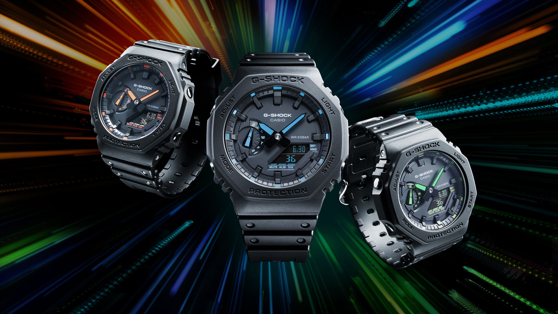 Three rugged, sporty digital wristwatches with octagonal faces against a colorful streaked background.