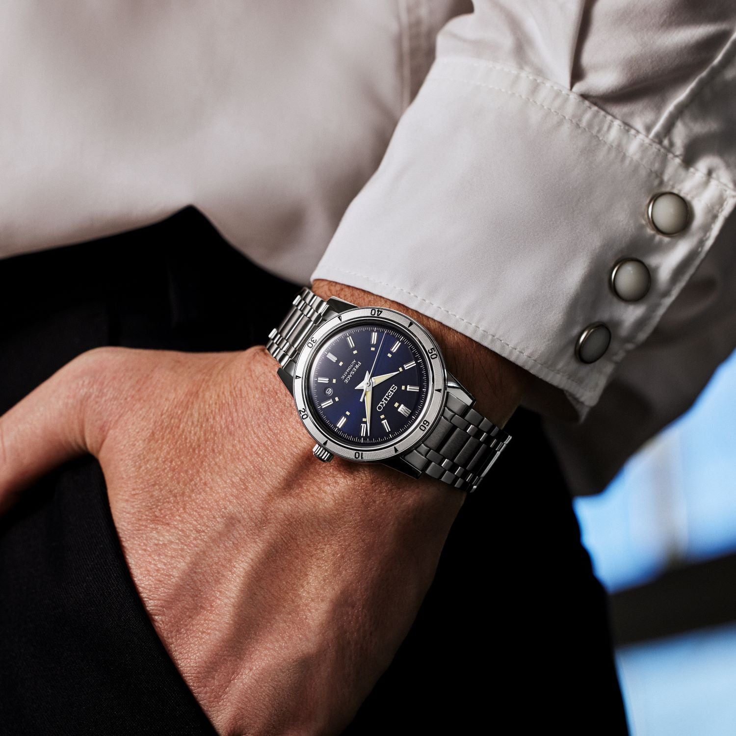 Seiko Presage Vintage-Inspired Steel Watch with Engraved Bezel SRPL07J