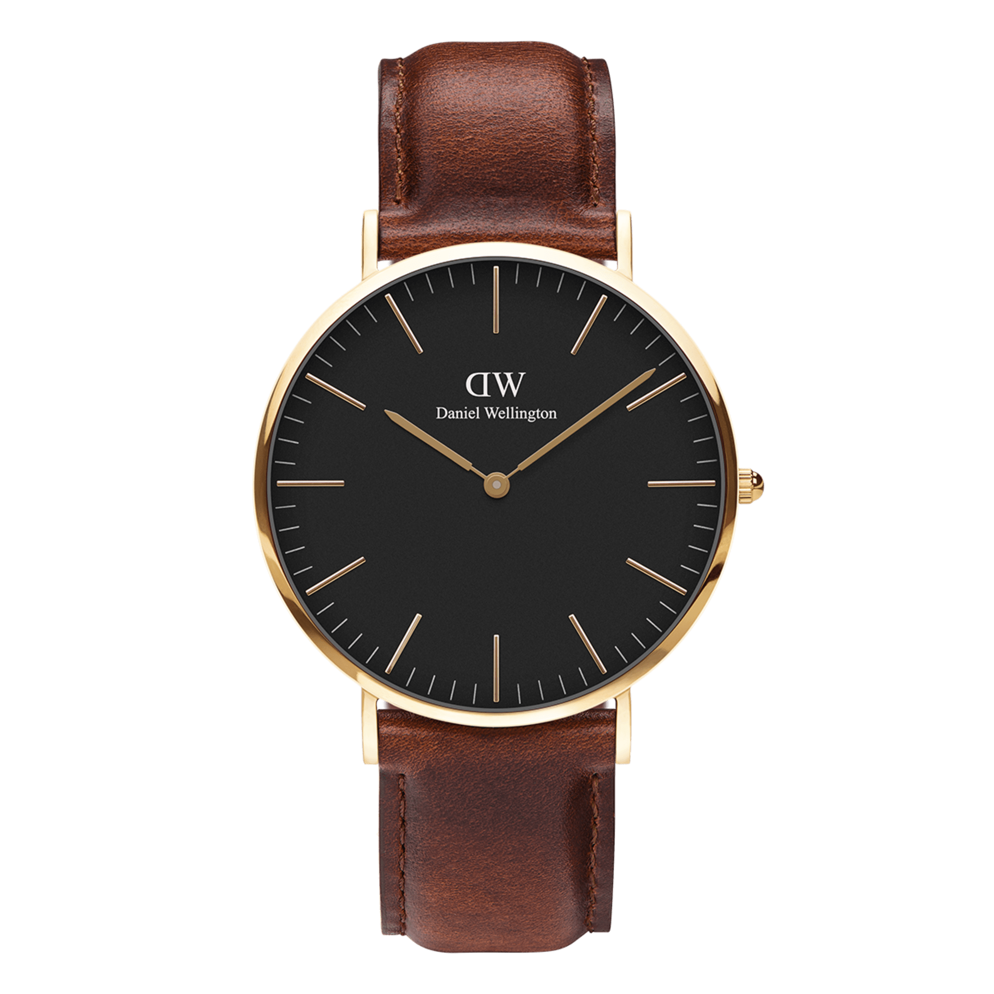 Elegant wristwatch with a black face, gold-tone case, and brown leather strap.