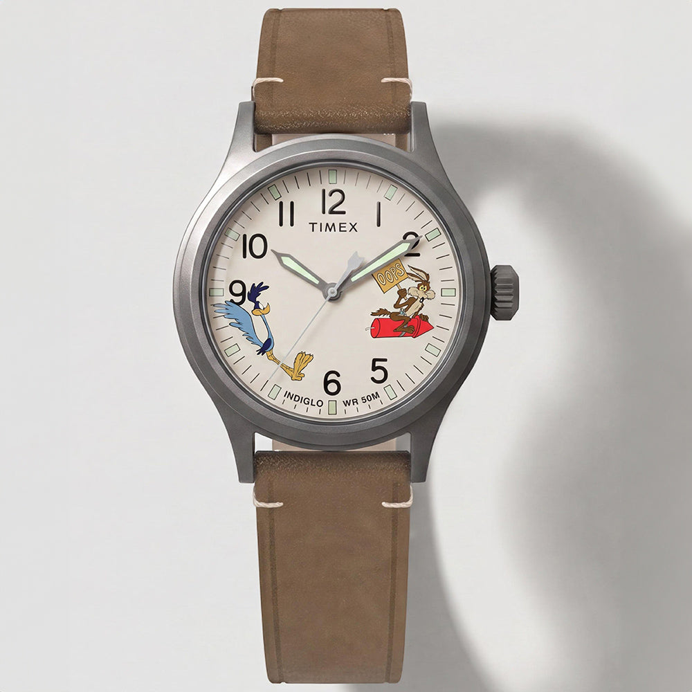 Timex Looney Tunes Road Runner TW2Y99400 brown leather strap detail