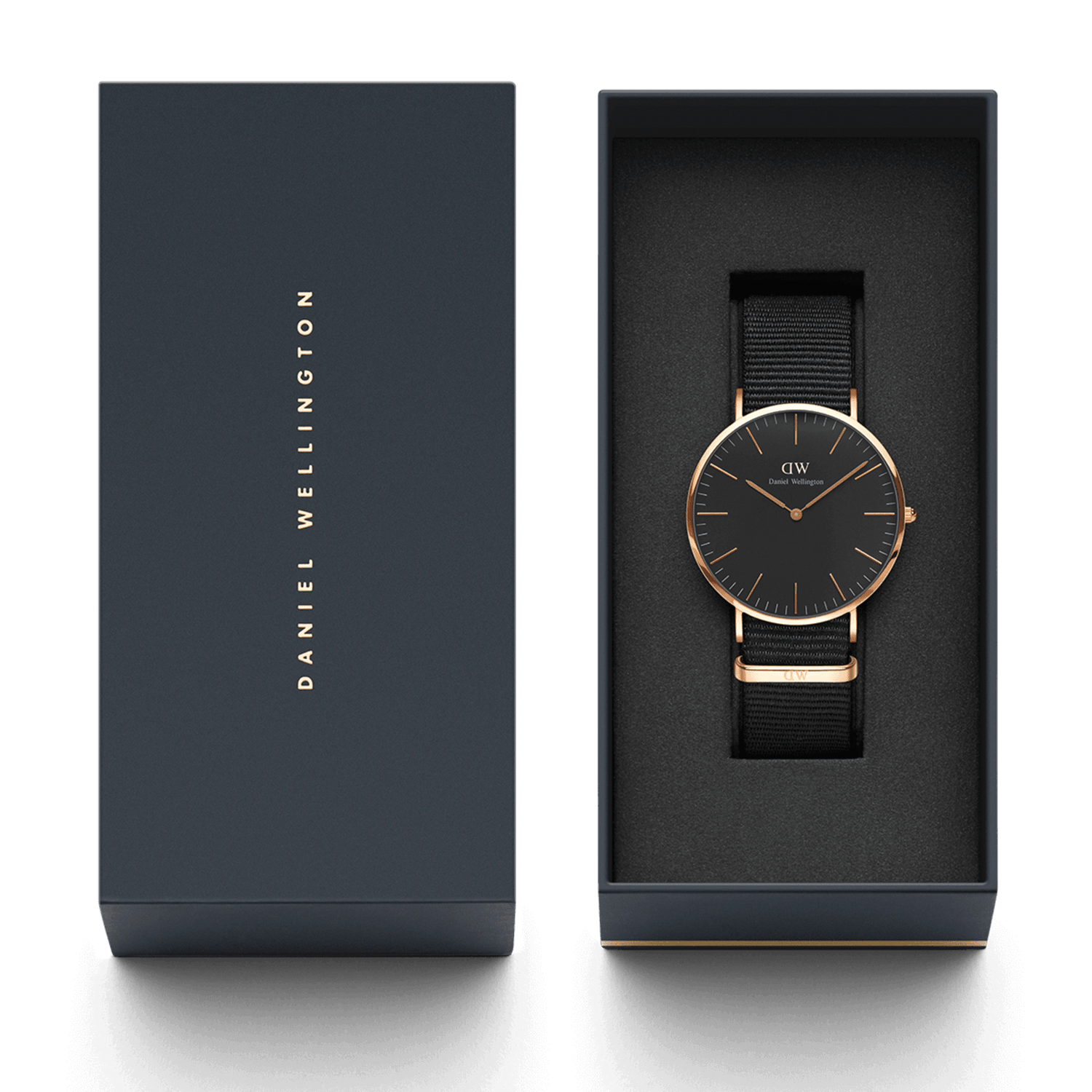 Elegant wristwatch with a black face and gold accents in a sleek presentation box.