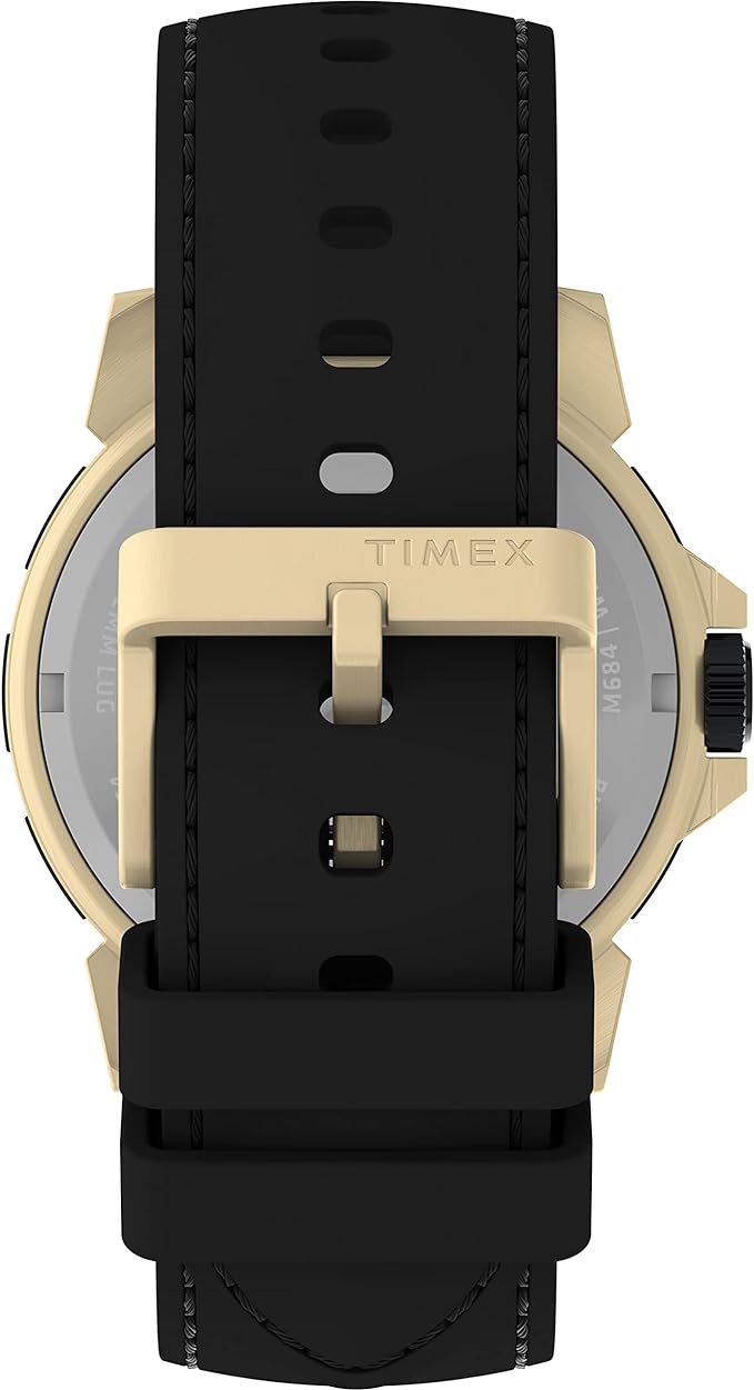 Black leather watch strap with a gold-toned buckle and case back.