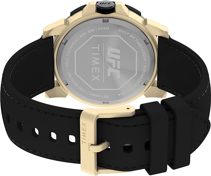 Gold-toned wristwatch with a black leather strap and UFC branding on the back.
