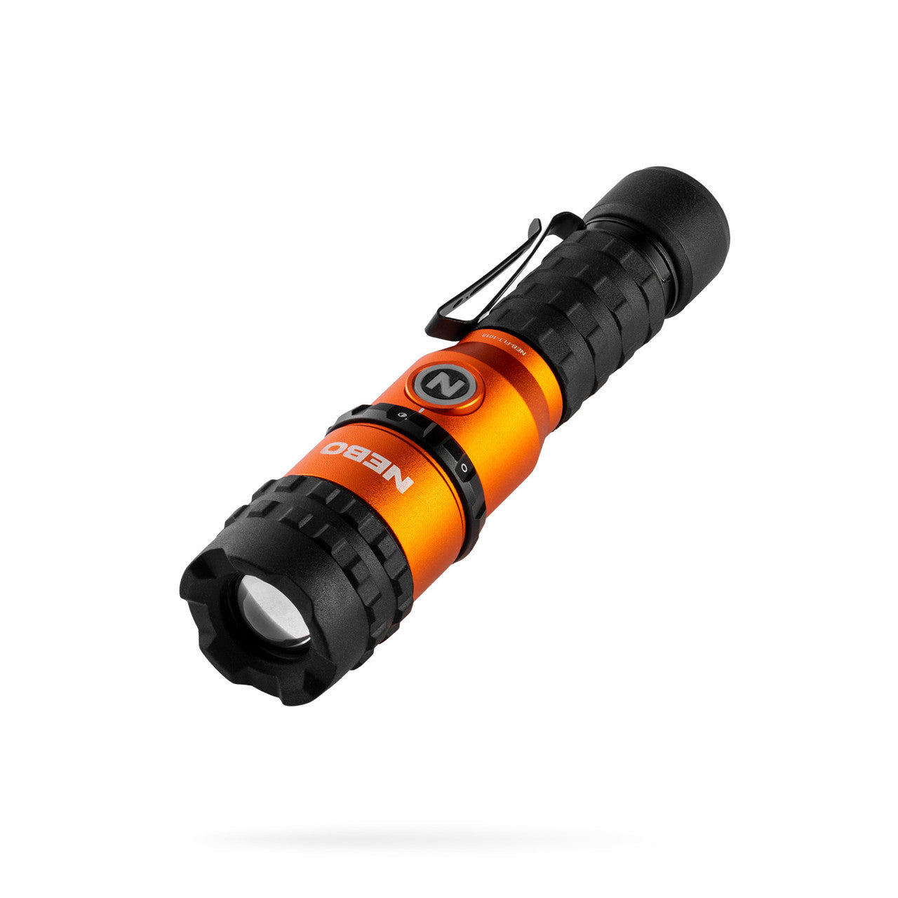 Handheld flashlight with black and orange body and adjustable beam focus.