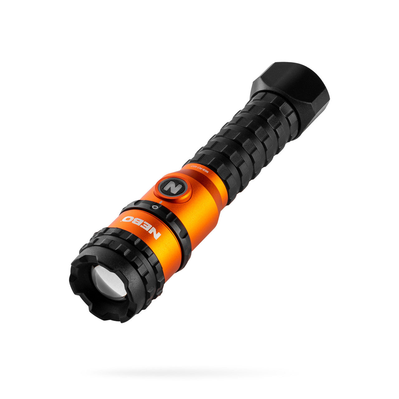 Rugged black and orange flashlight with a textured grip and focused beam.
