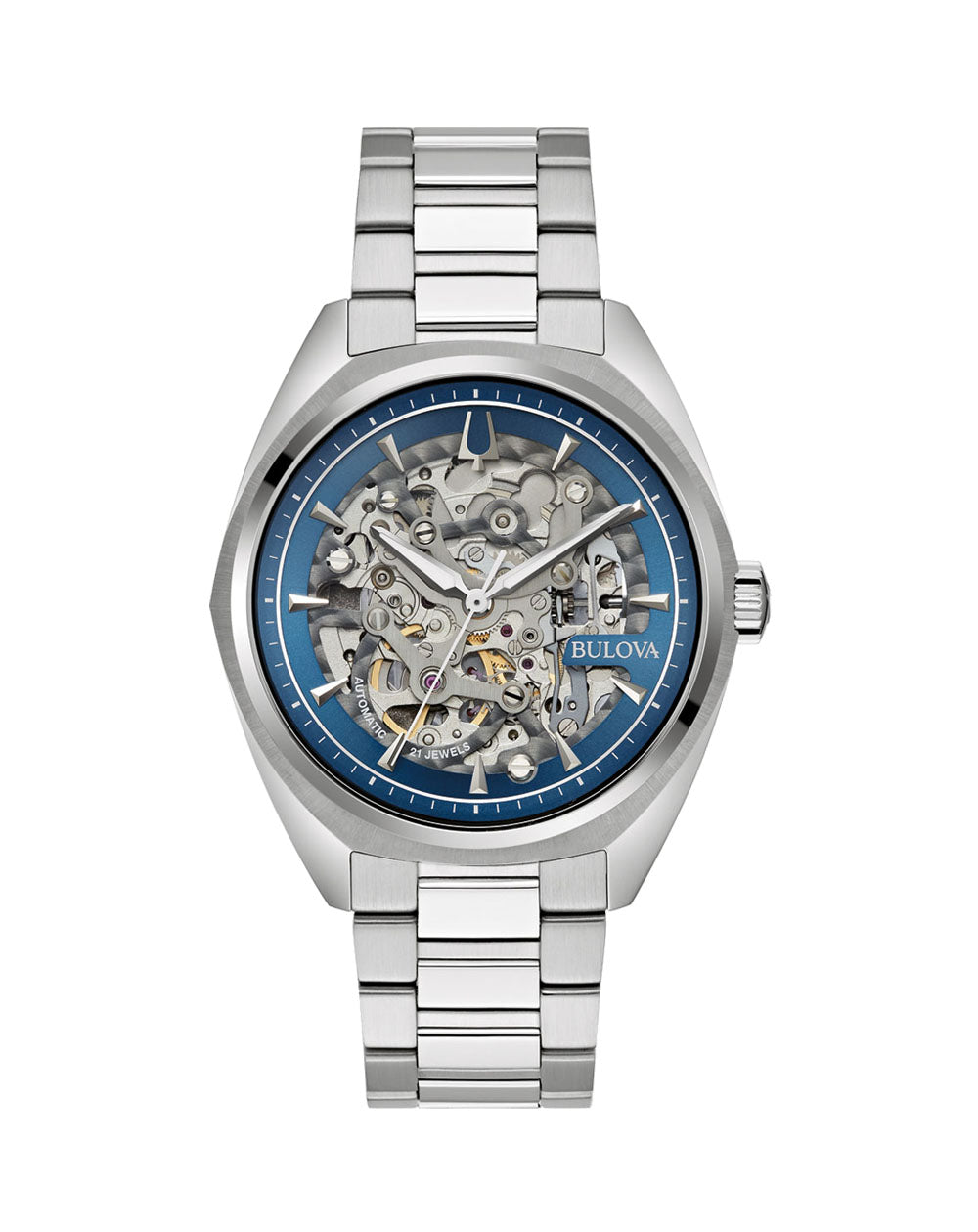 Stainless steel wristwatch with a blue skeleton dial and visible mechanical movement.