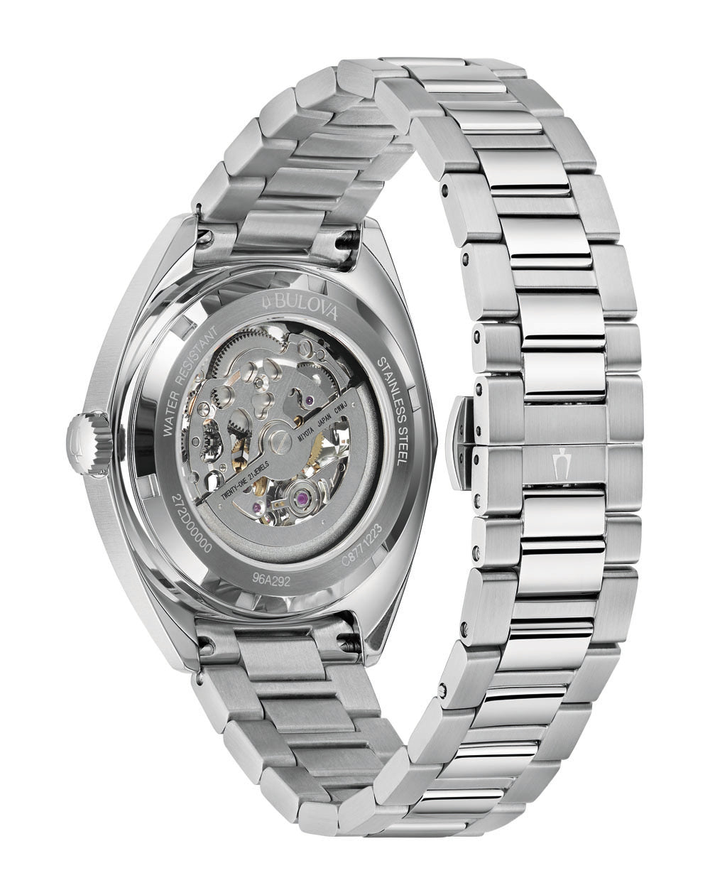 Silver wristwatch with a visible mechanical movement through the transparent case back.