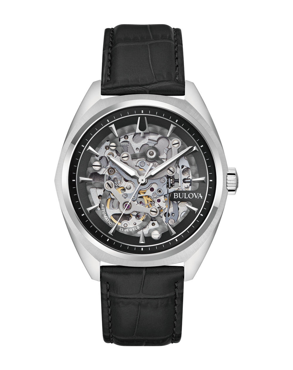 Bulova Surveyor Grey Dial Automatic Watch with Black Leather Strap SKU 96A310