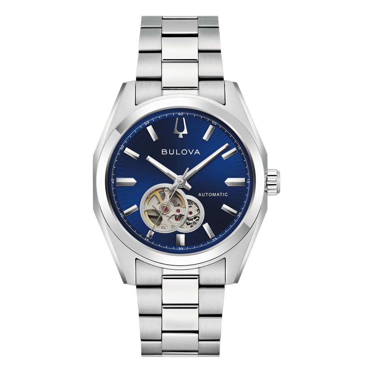 Bulova Surveyor 96A350 men's automatic watch with a blue sunray open-heart dial on a stainless steel bracelet