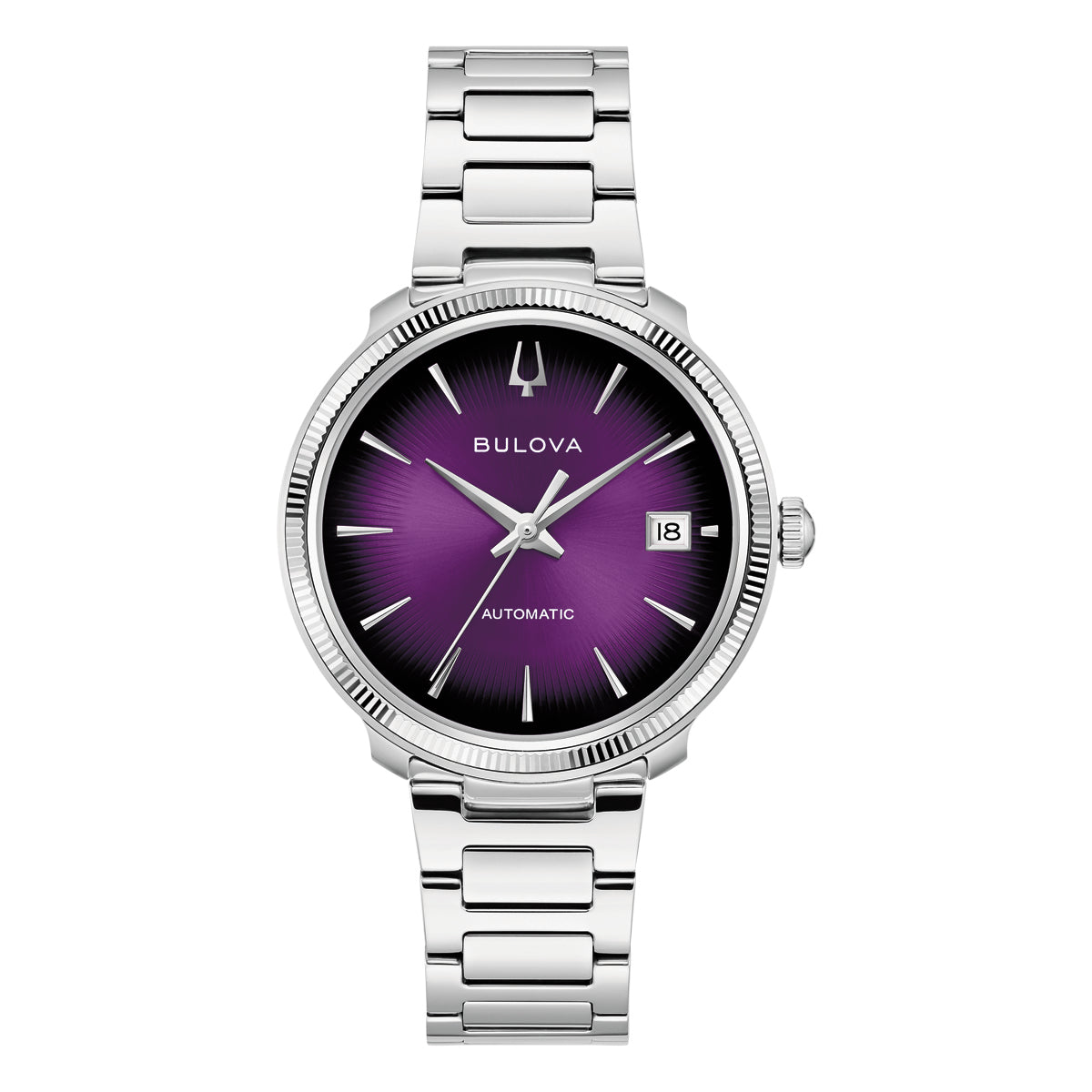 Bulova Disco 96B485 men's automatic watch with a dark purple graduated dial, fluted bezel and stainless steel bracelet