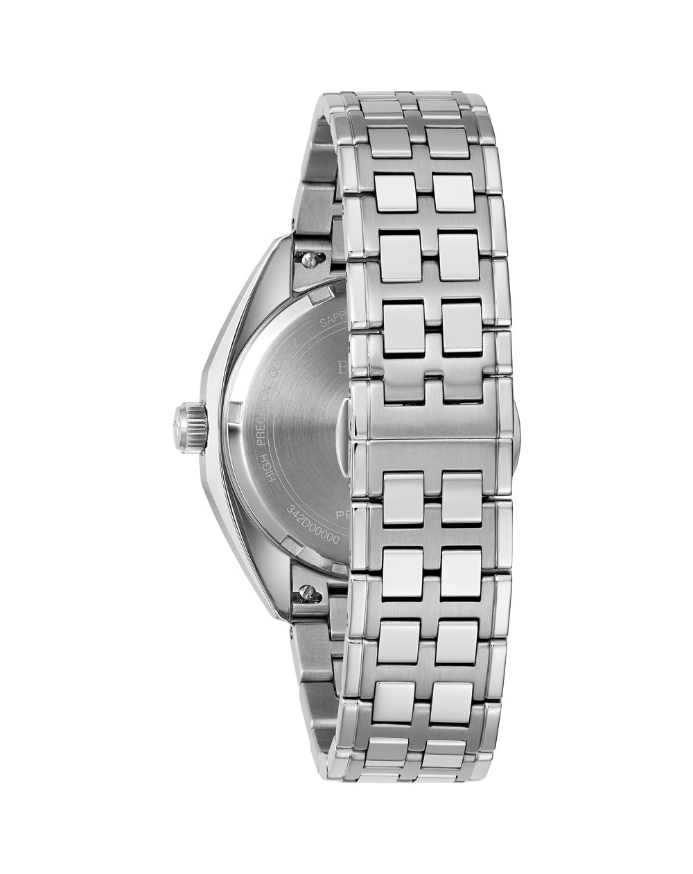 Silver metal wristwatch with a linked bracelet band viewed from the side.