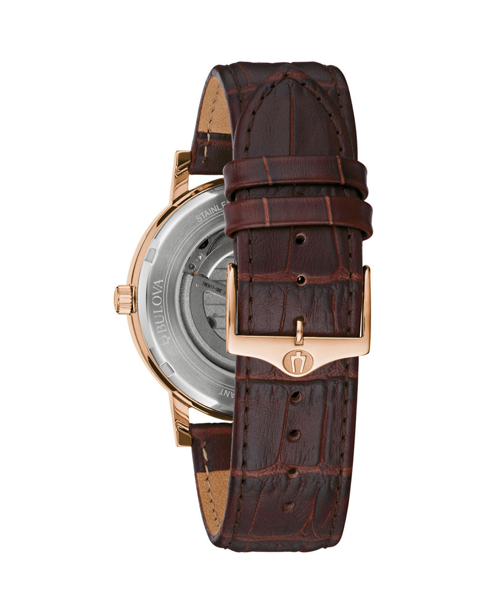 Wristwatch with a brown leather strap and rose gold-toned case.