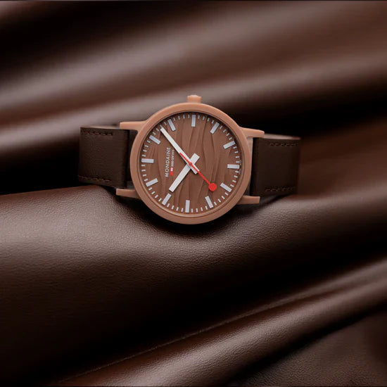 Mondaine MS1.41170.LTV Essence Limited Edition Mocha 41mm watch with textured wave dial on brown leather strap.