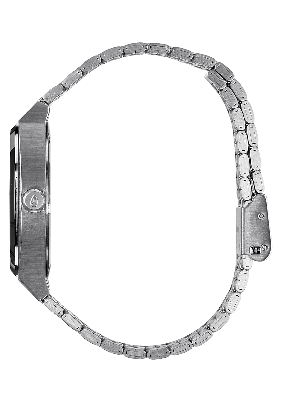 Silver wristwatch with a metallic link band.