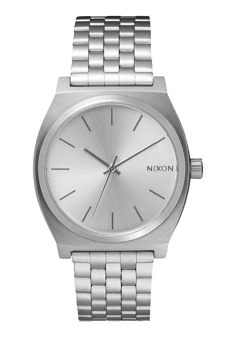 Silver-toned wristwatch with a metal bracelet and minimalist dial design.
