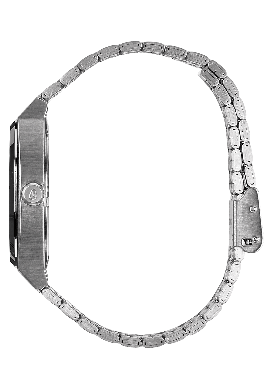 Silver wristwatch with a metallic link bracelet.