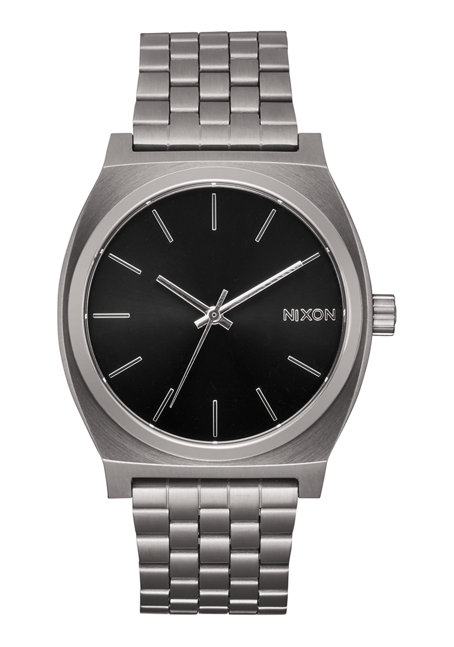 Stainless steel wristwatch with a black dial and Nixon branding.