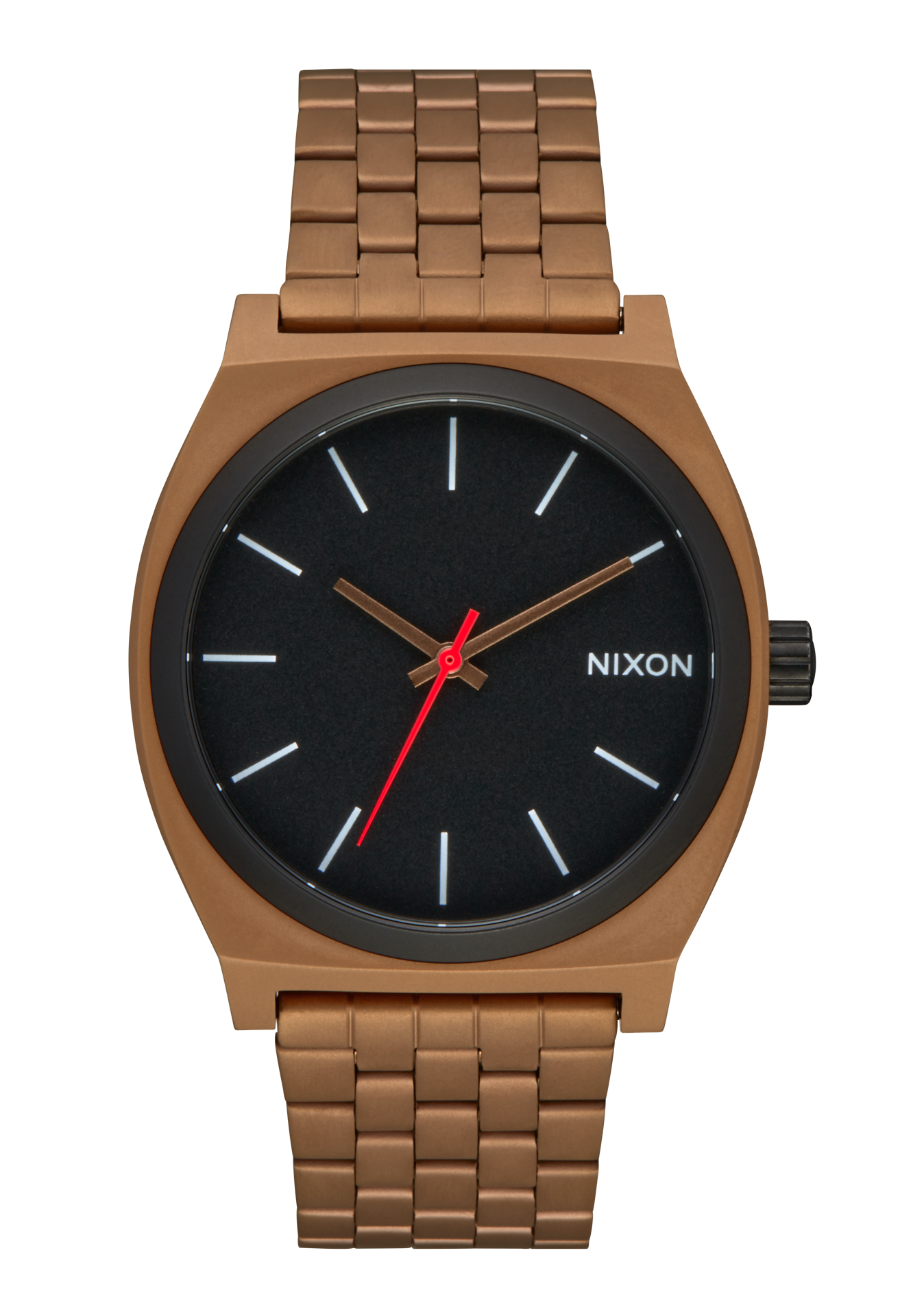Bronze-colored wristwatch with a black dial and red second hand.