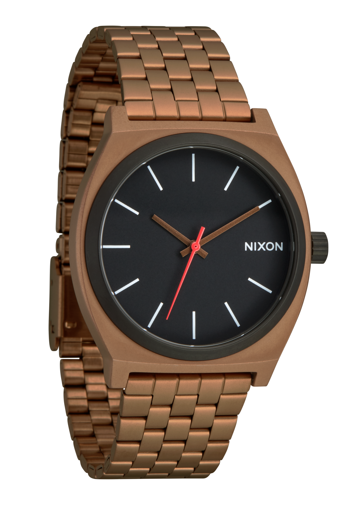 Copper-colored wristwatch with a black dial and metal link bracelet.