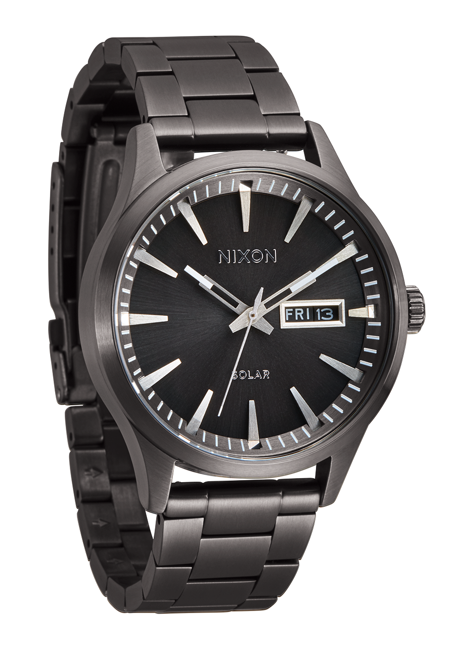 Sleek gunmetal gray wristwatch with a black dial and day-date display.