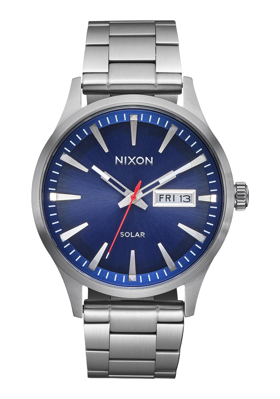 Stainless steel wristwatch with a blue dial and day-date display.