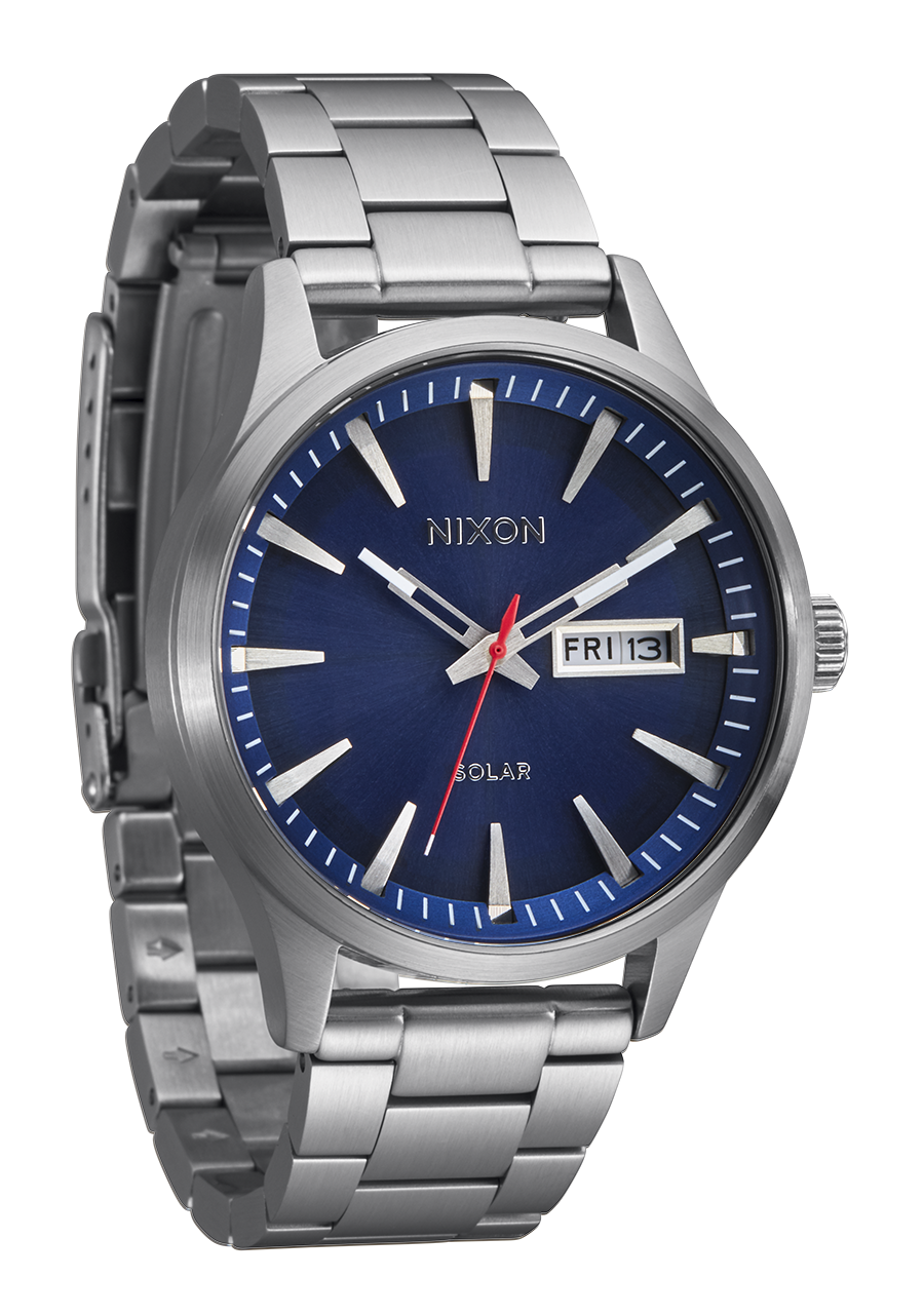 Stainless steel wristwatch with a blue dial and day-date display.