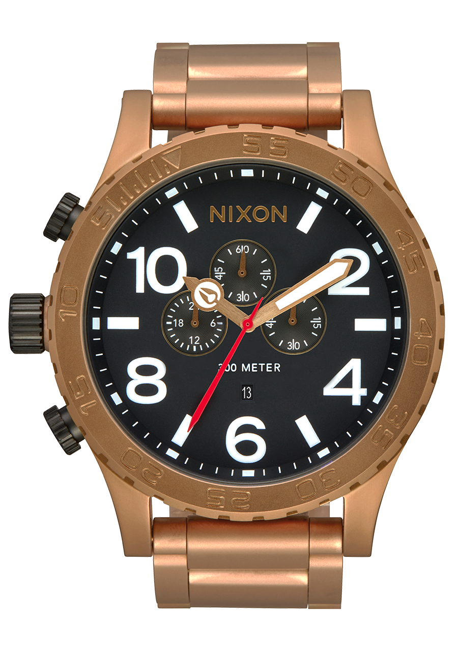 Rose gold-toned chronograph wristwatch with a black dial and prominent numerals.