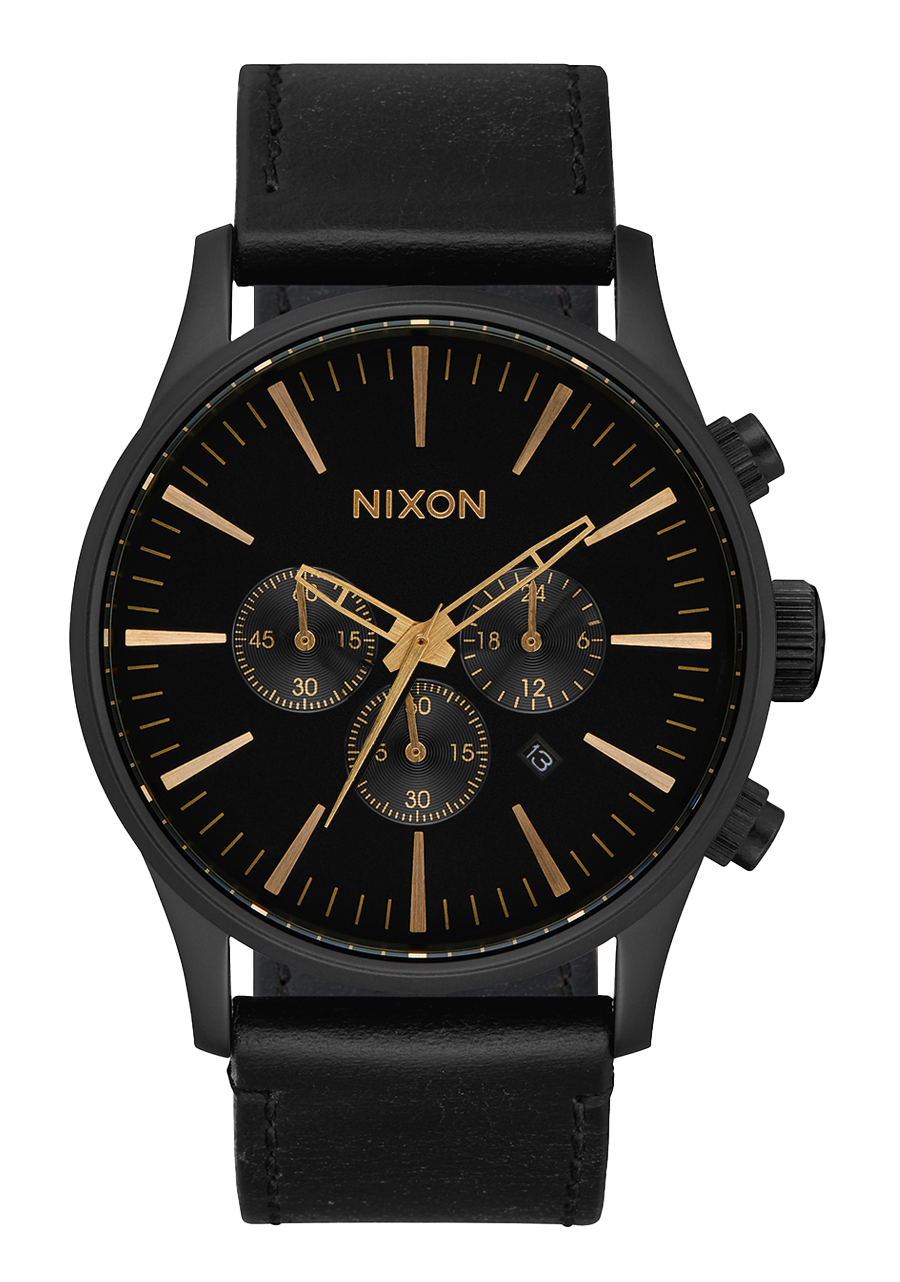 Black wristwatch with gold accents and a chronograph display.