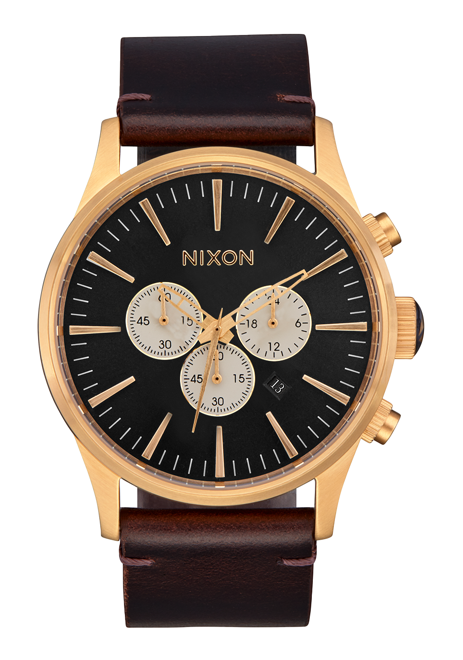 Gold-toned chronograph wristwatch with a black dial and brown leather strap.