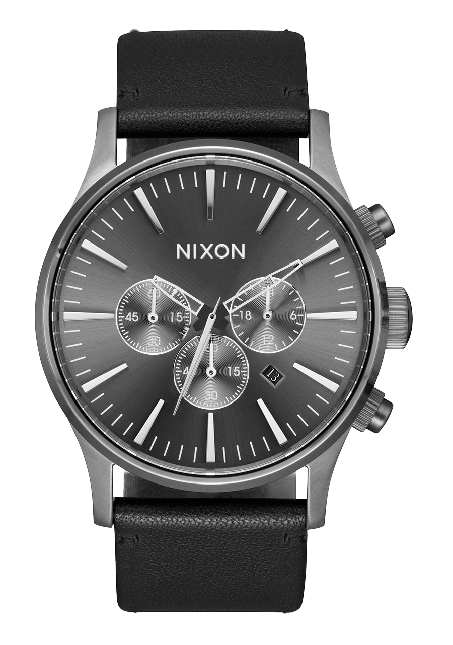 Sleek chronograph wristwatch with a black leather strap and gray dial.