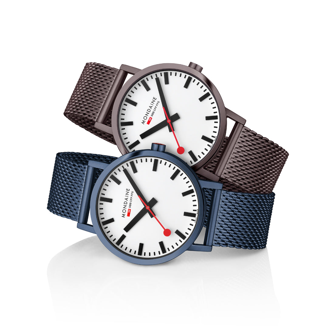 Mondaine Classic 40mm Blue Mesh Watch Swiss White Dial Luxury