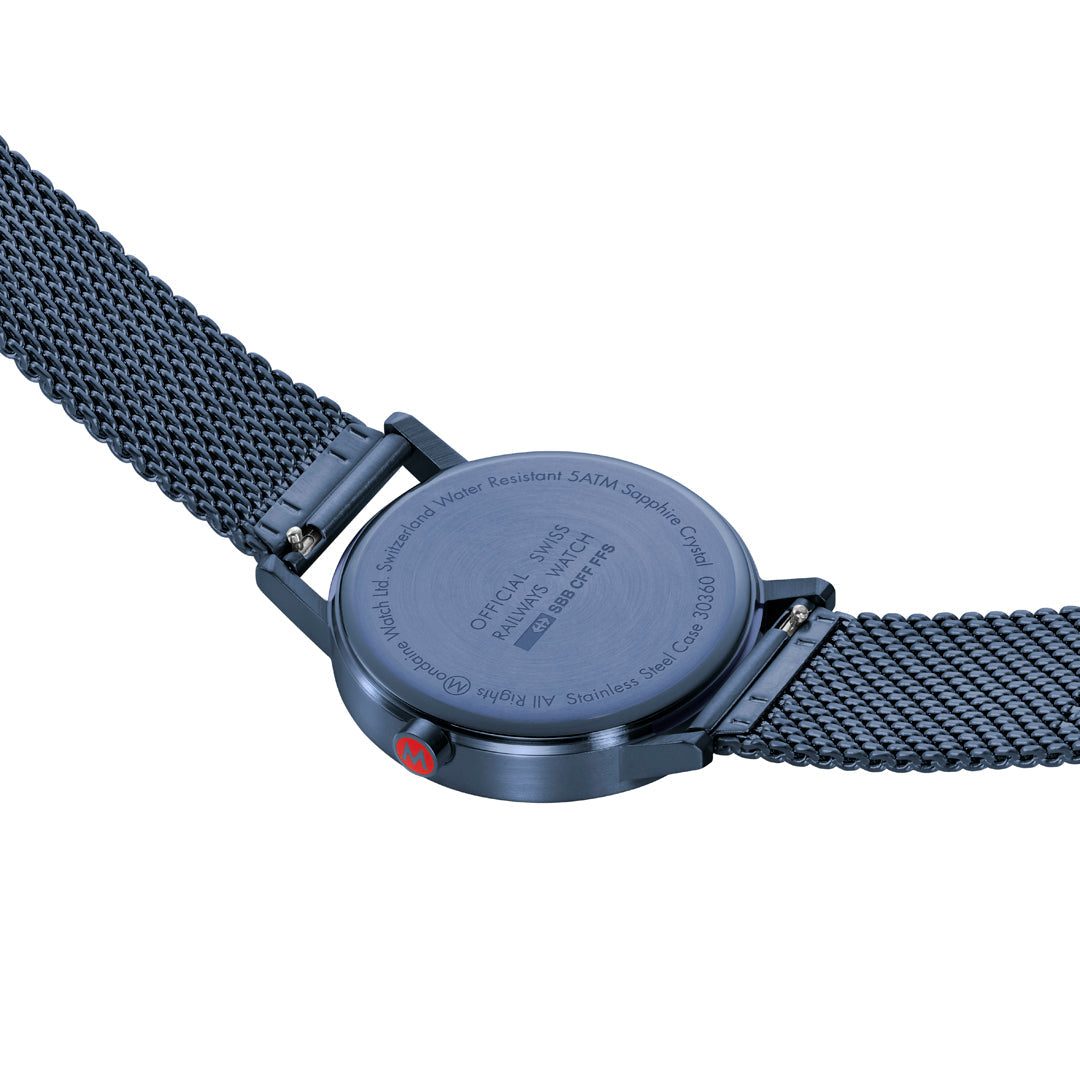 Mondaine Classic 40mm Blue Mesh Watch Swiss White Dial Luxury