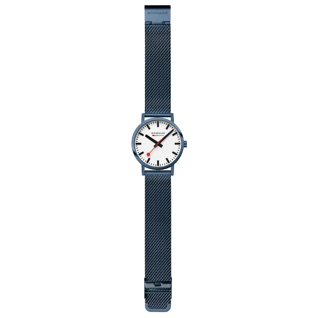 Mondaine Classic 40mm Blue Mesh Watch Swiss White Dial Luxury