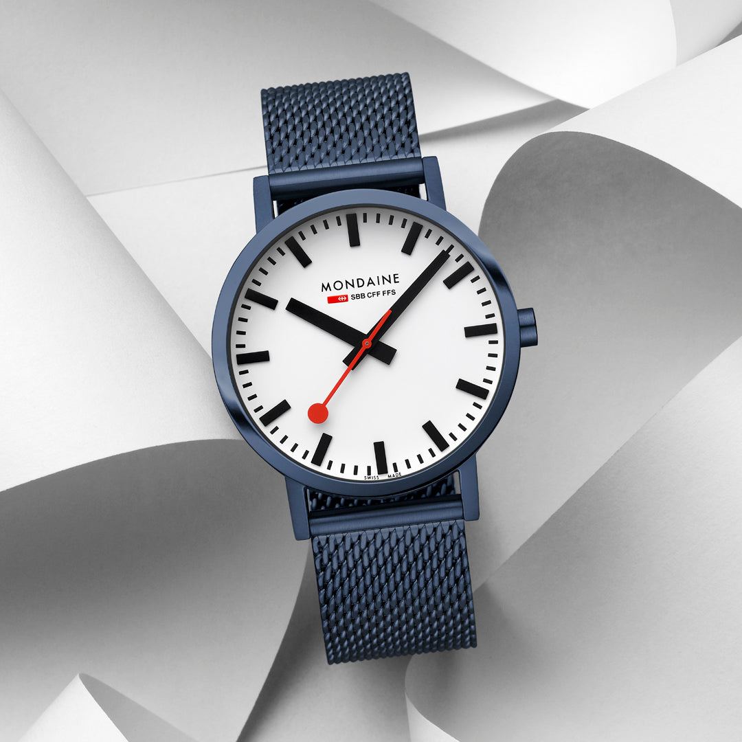 Mondaine Classic 40mm Blue Mesh Watch Swiss White Dial Luxury