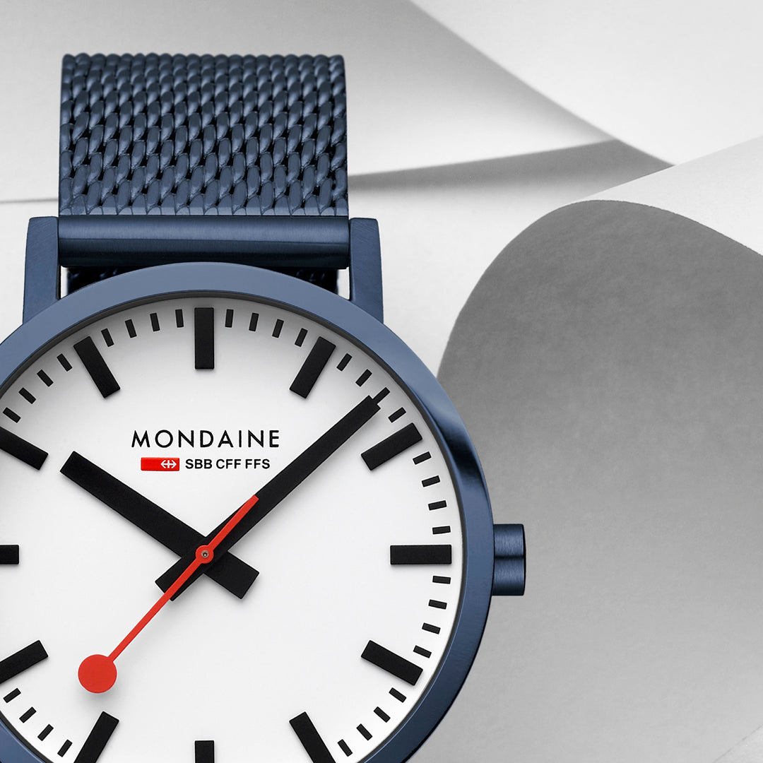 Mondaine Classic 40mm Blue Mesh Watch Swiss White Dial Luxury