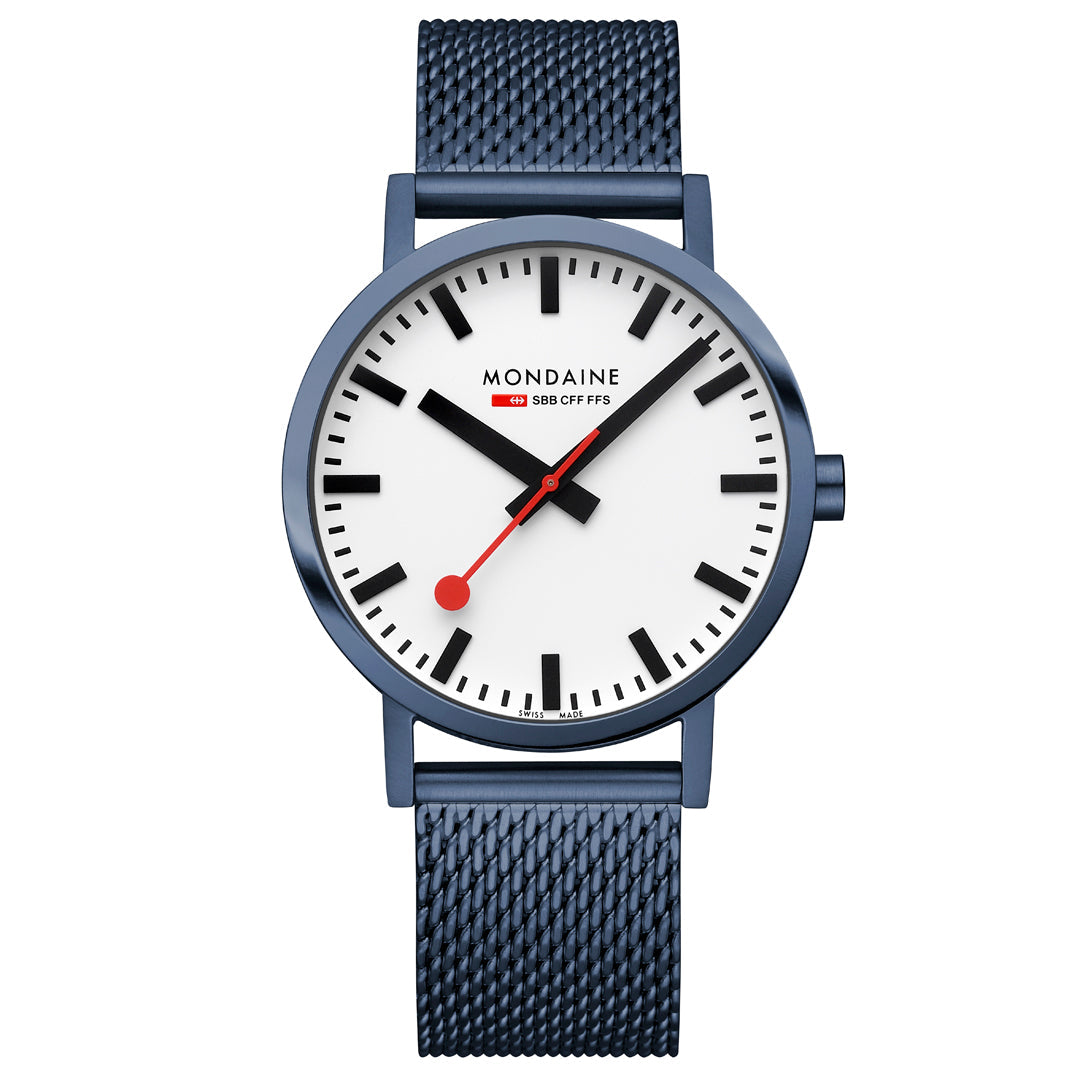 Mondaine Classic 40mm Blue Mesh Watch Swiss White Dial Luxury
