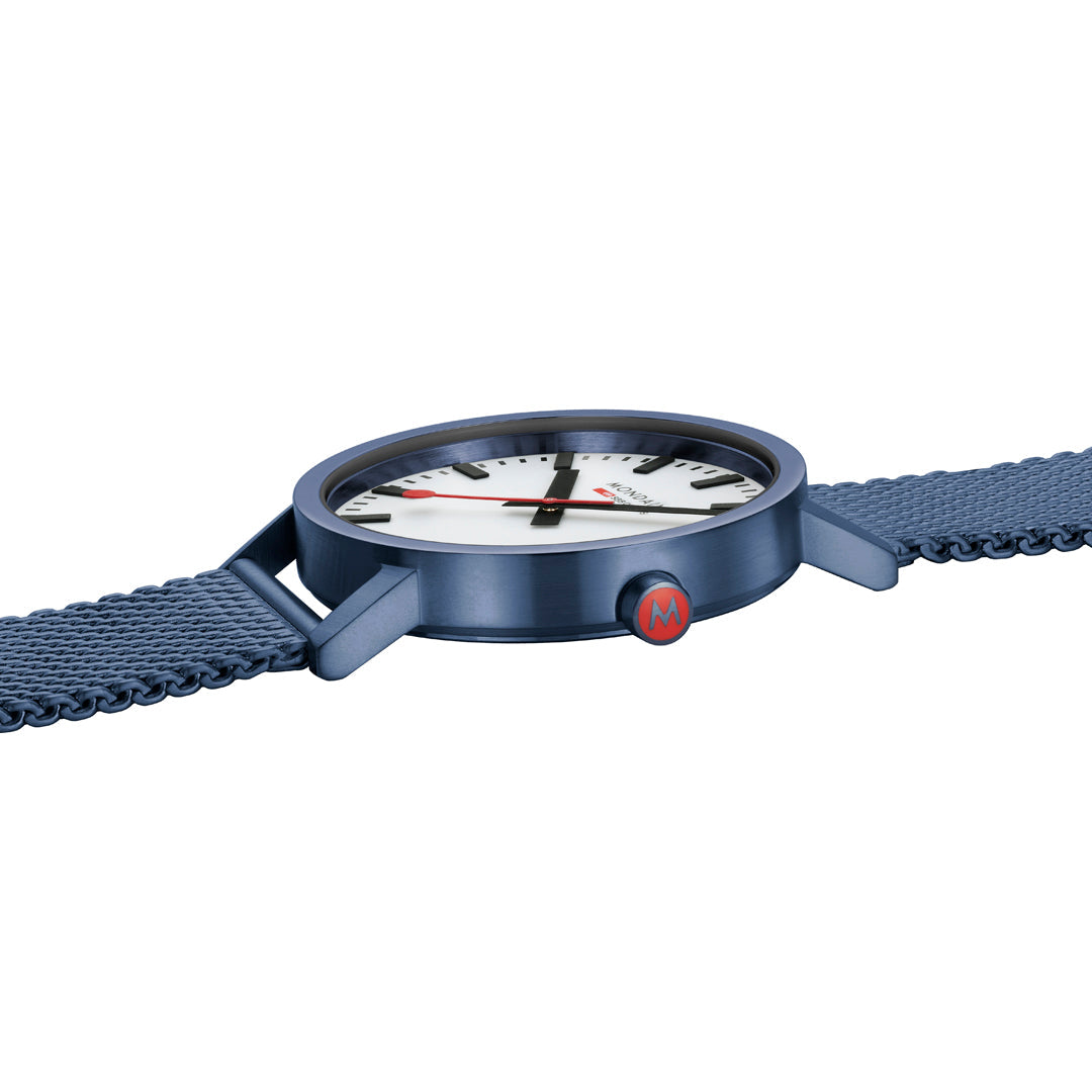 Mondaine Classic 40mm Blue Mesh Watch Swiss White Dial Luxury
