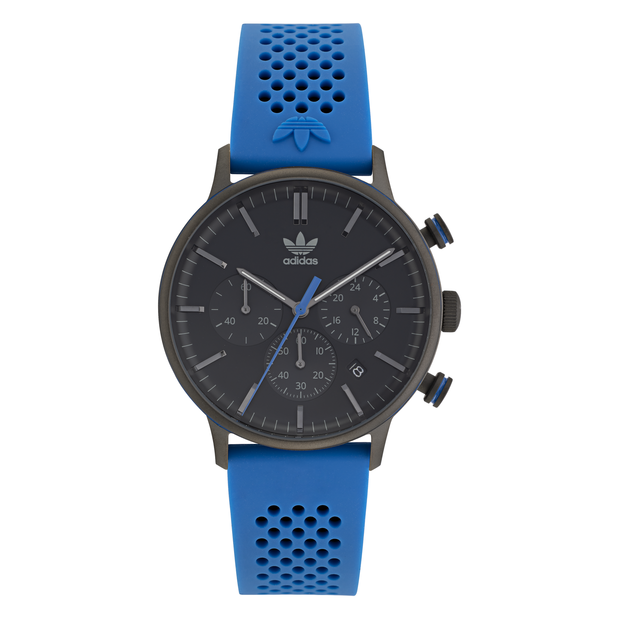 Adidas sports watch with a black face and bright blue perforated strap.