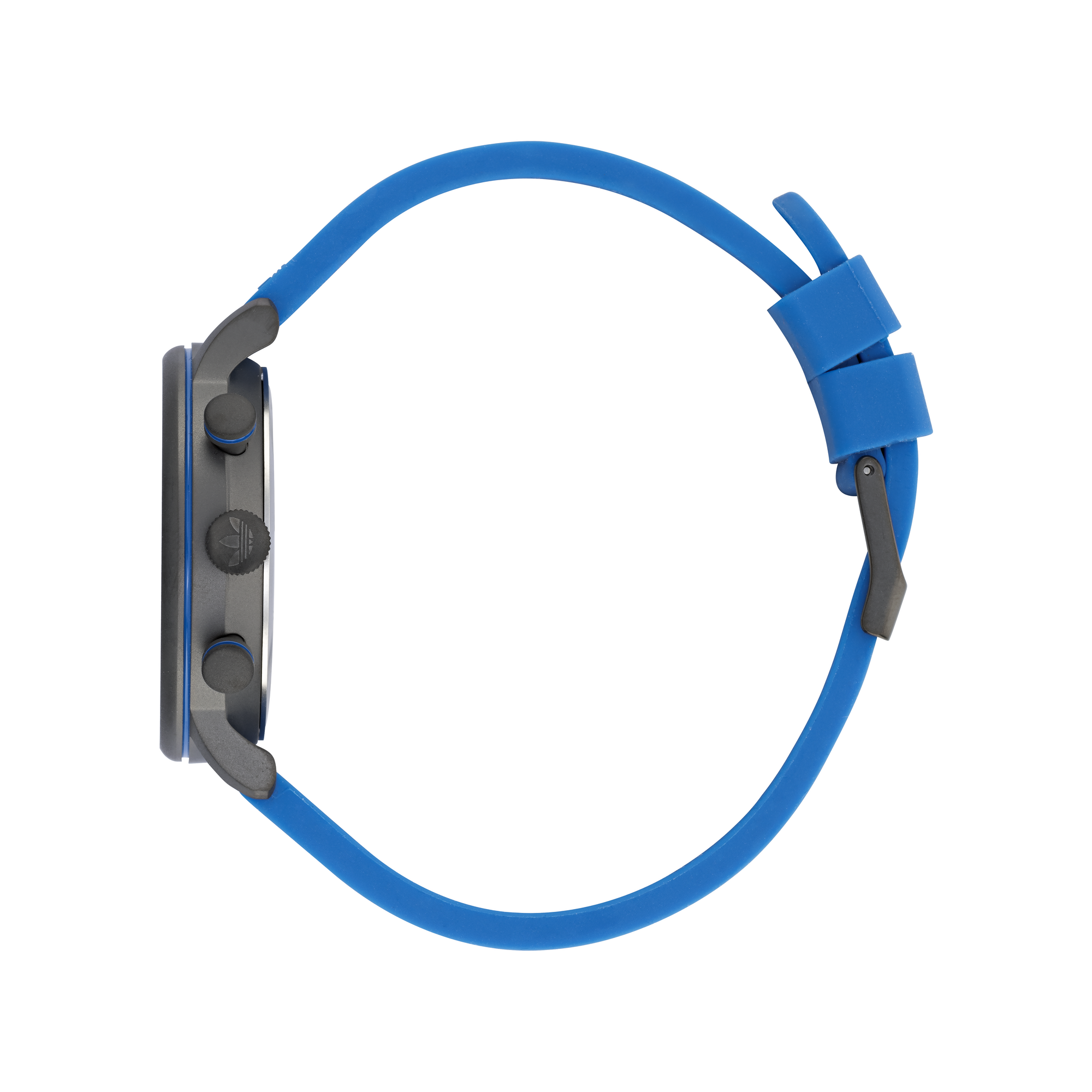 Blue smartwatch with a square face and silicone strap.