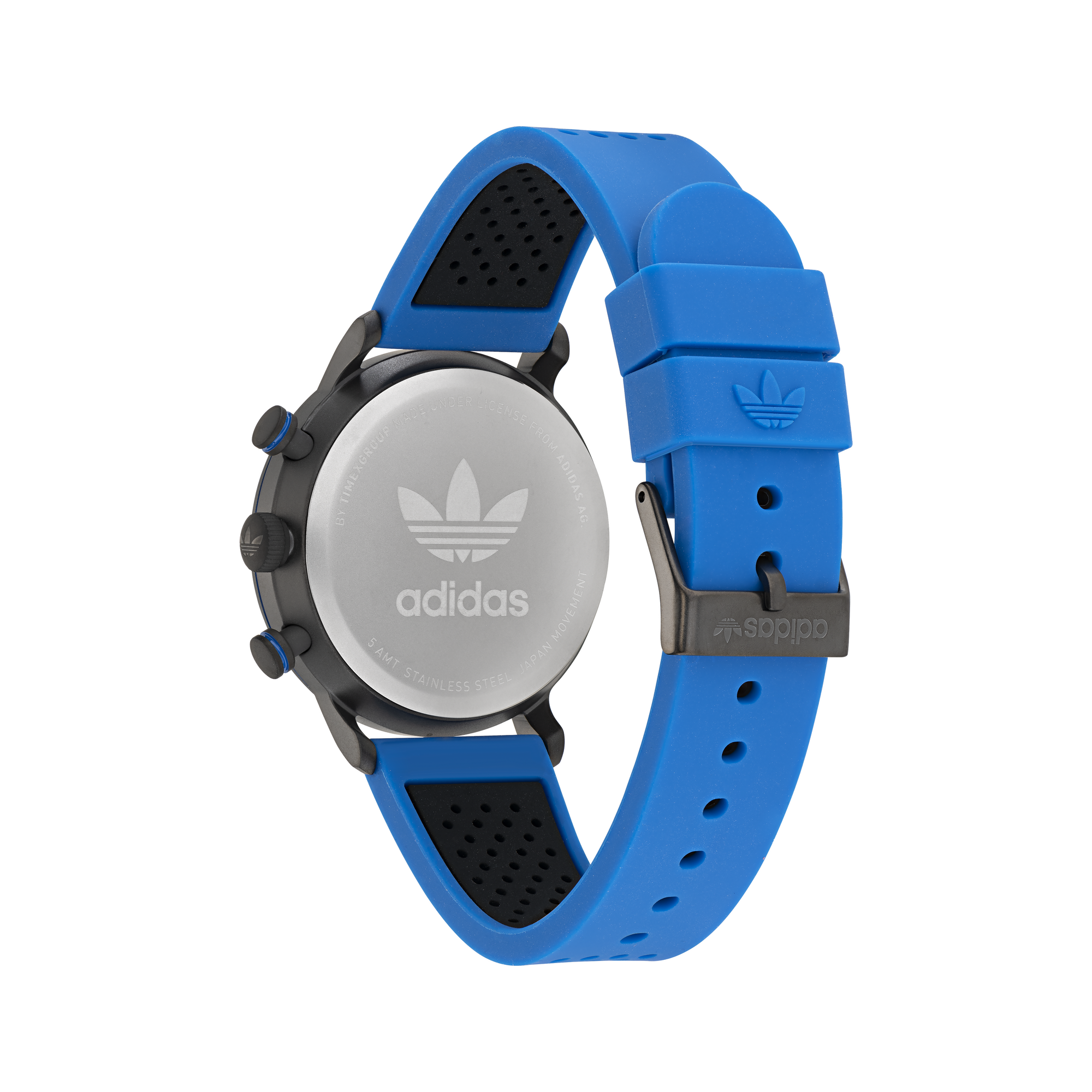 Blue sports watch with the Adidas logo on its back.