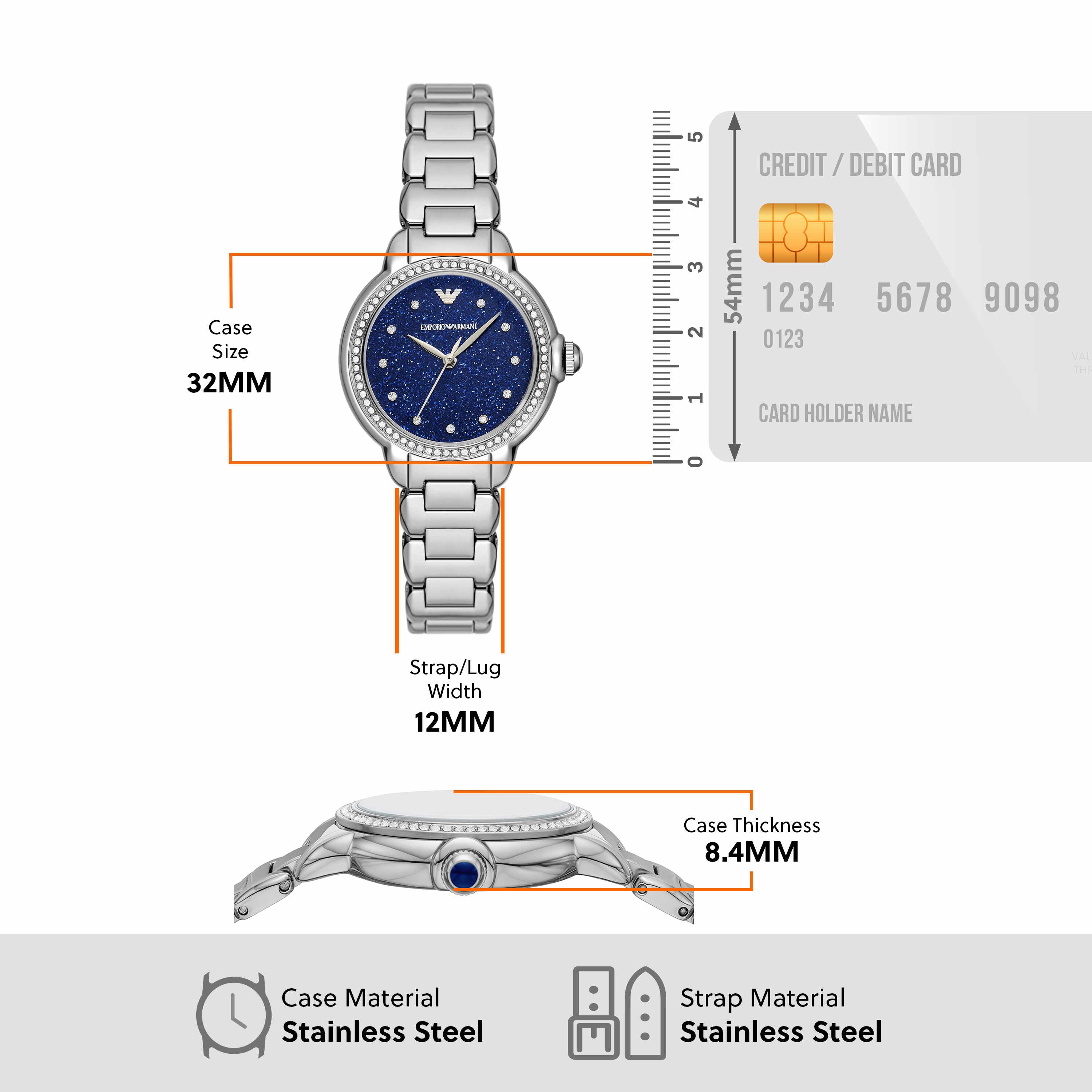 Armani Three-Hand Silver Stainless Steel Blue Dial Watch AR11630
