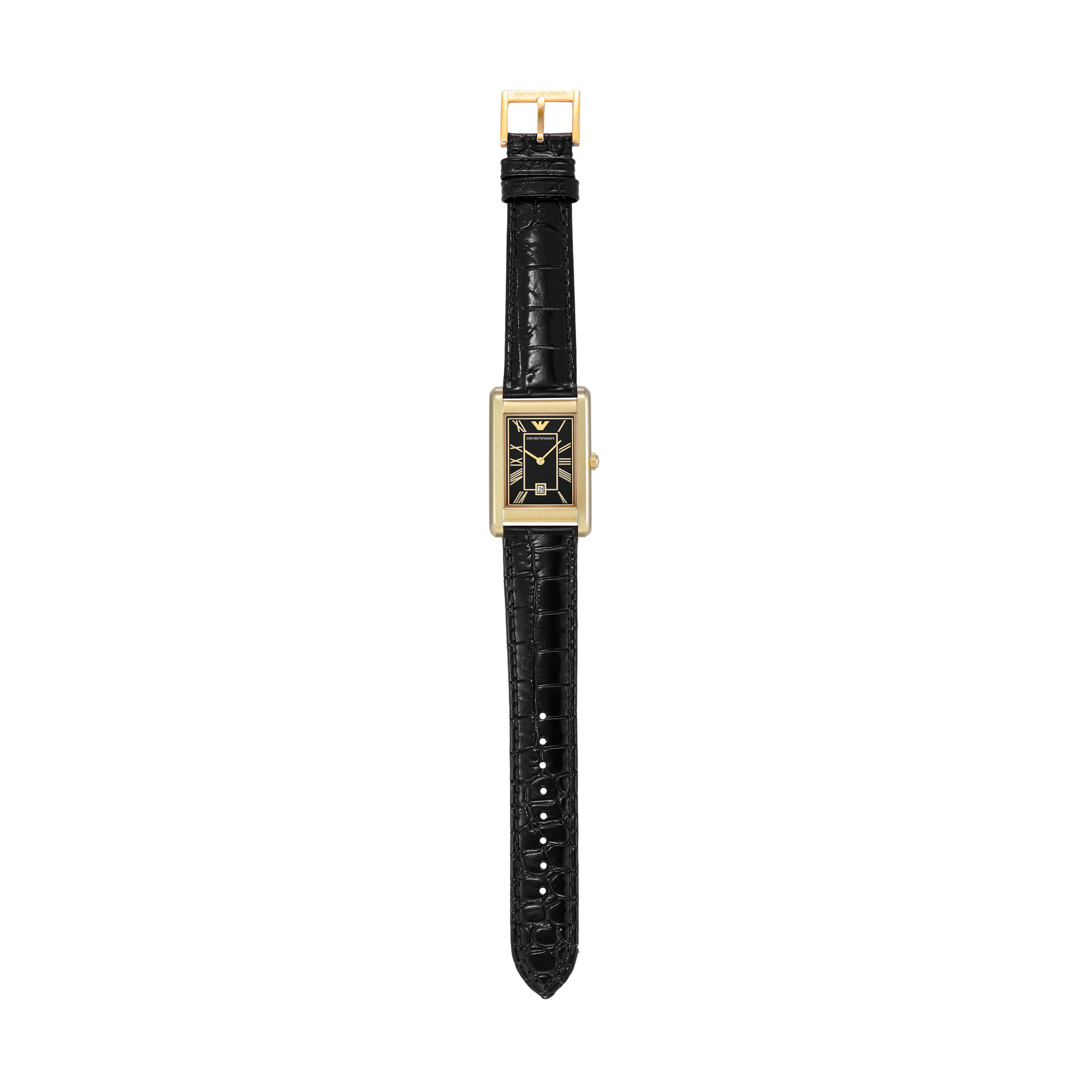 Emporio Armani Two-Hand Black Dial Black Leather Strap Watch AR11666