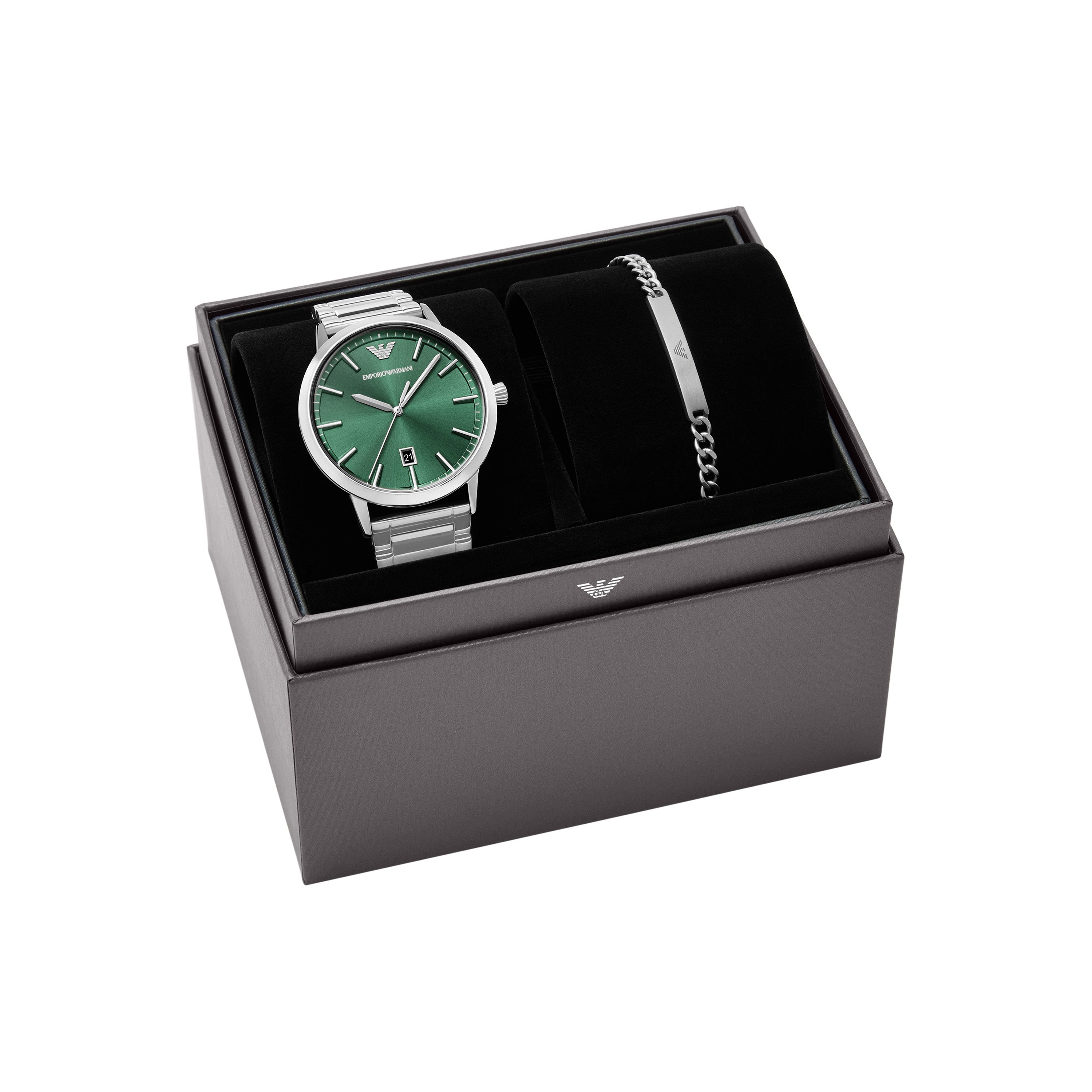 Emporio Armani Green Dial Stainless Steel Silver Watch Set AR80082SET