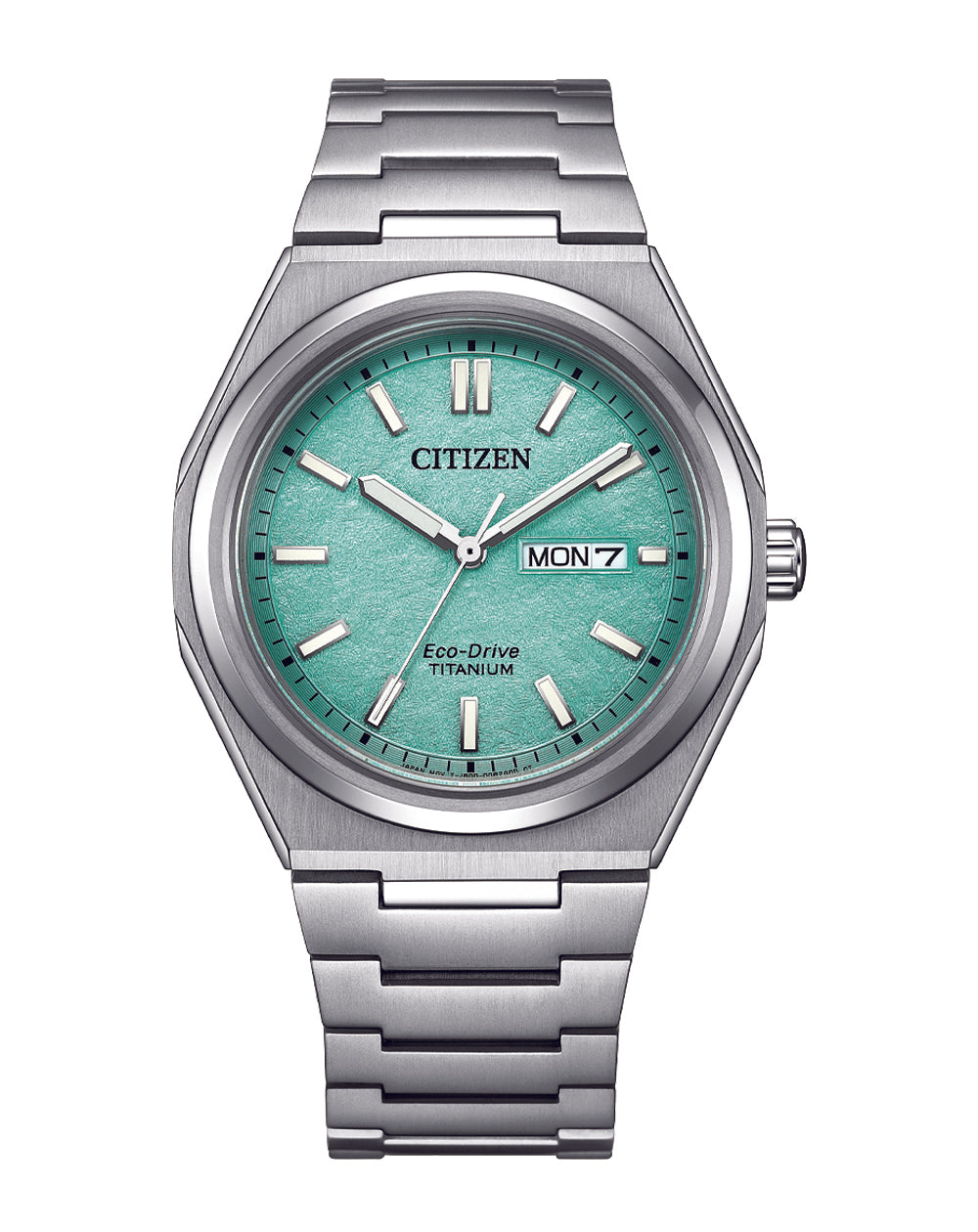 Citizen Eco-Drive Zenshin stainless steel watch with a green dial and a silver bracelet. Displaying time and date, designed for men.