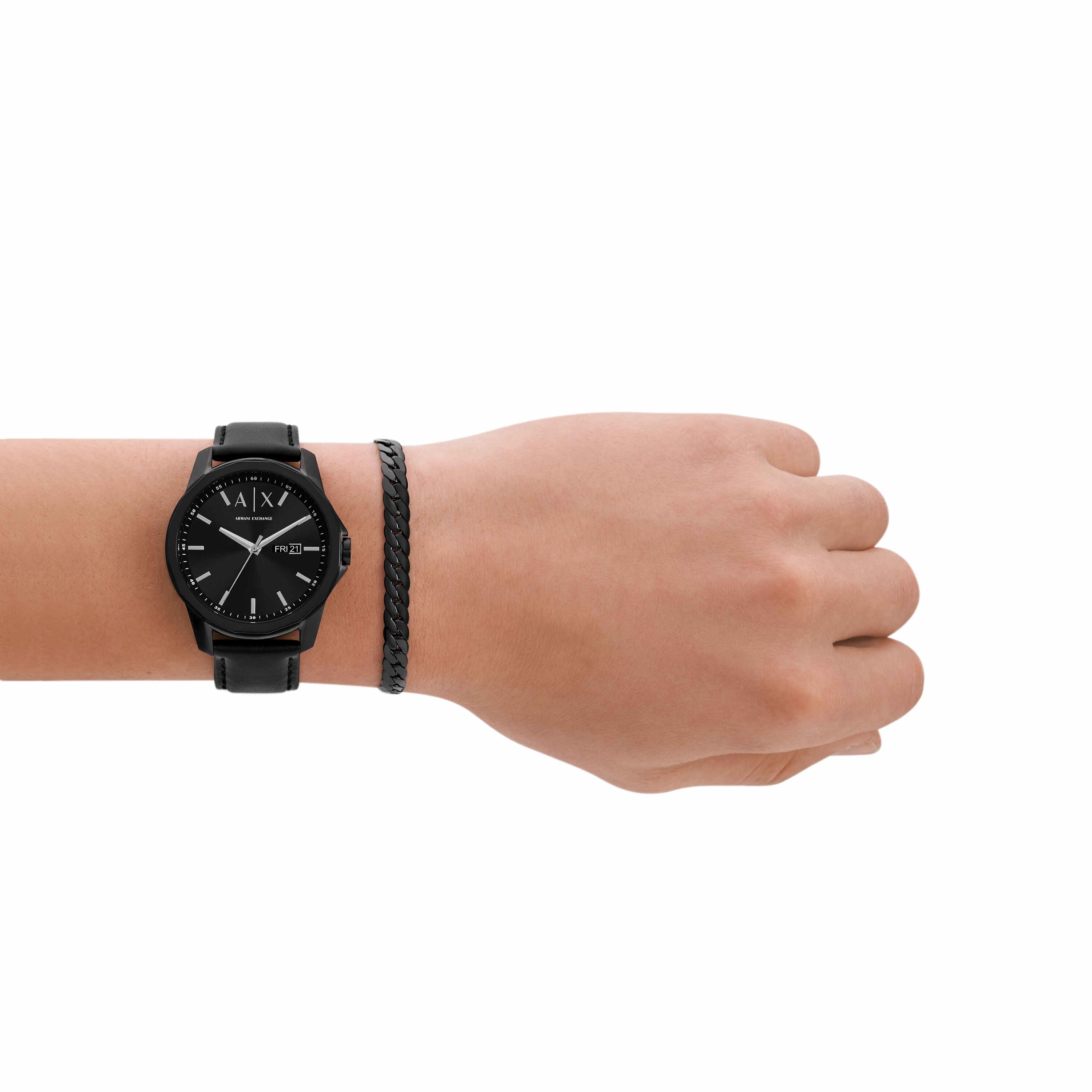 Armani Exchange Black Leather Watch and Black Stainless Steel Bracelet Set AX7147SET